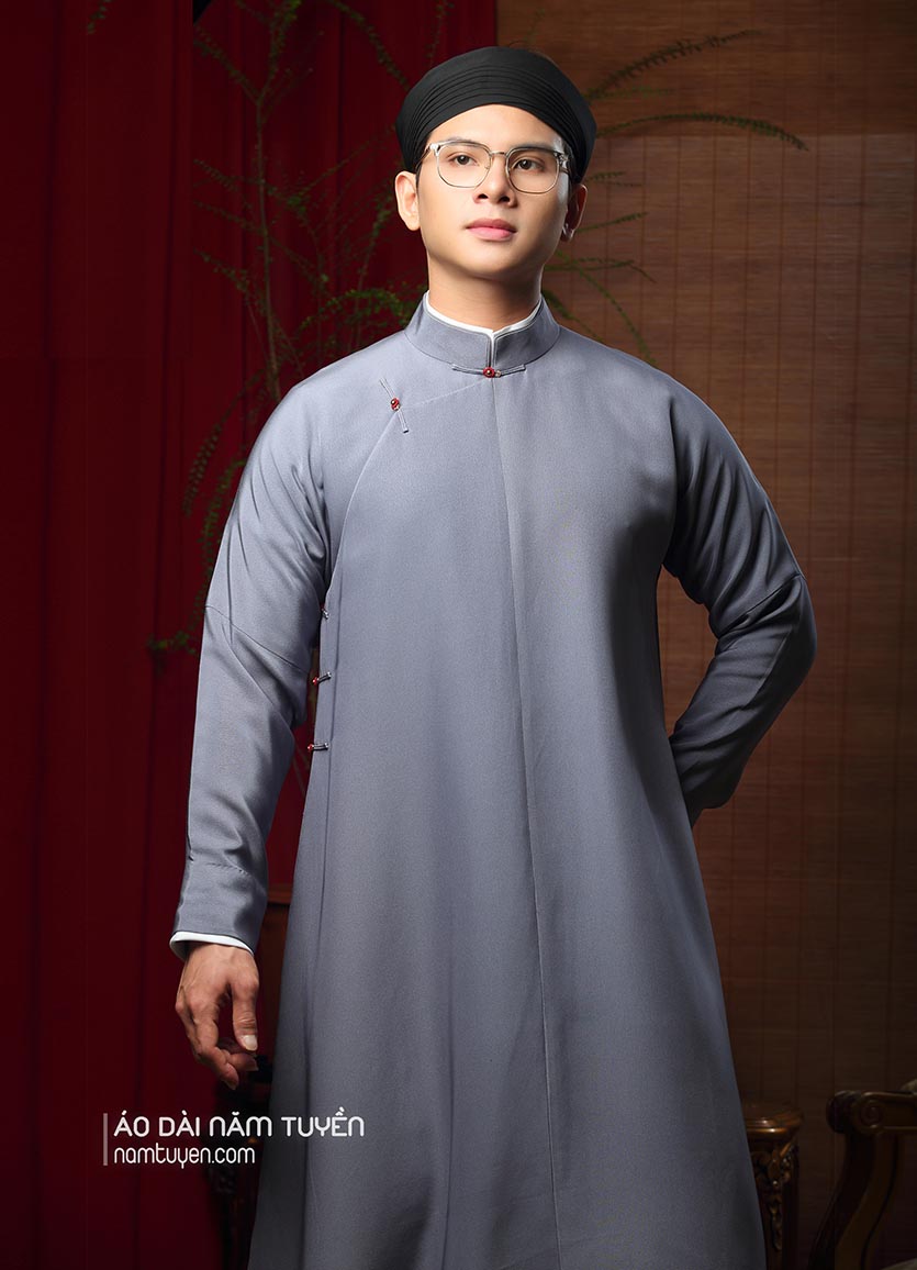 Áo dài nam truyền thống ngũ thân tay chẽn lụa tơ tằm màu xám trắng