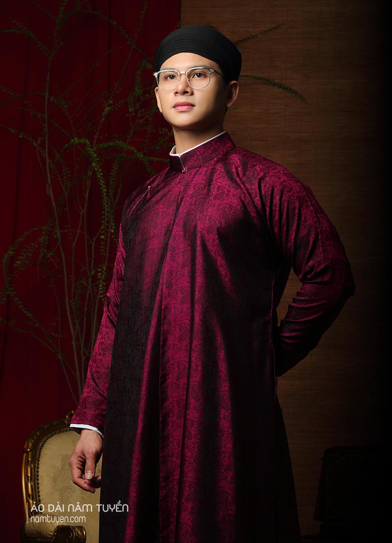 Áo dài nam Việt phục ngũ thân tơ tằm hoa văn dệt sang trọng