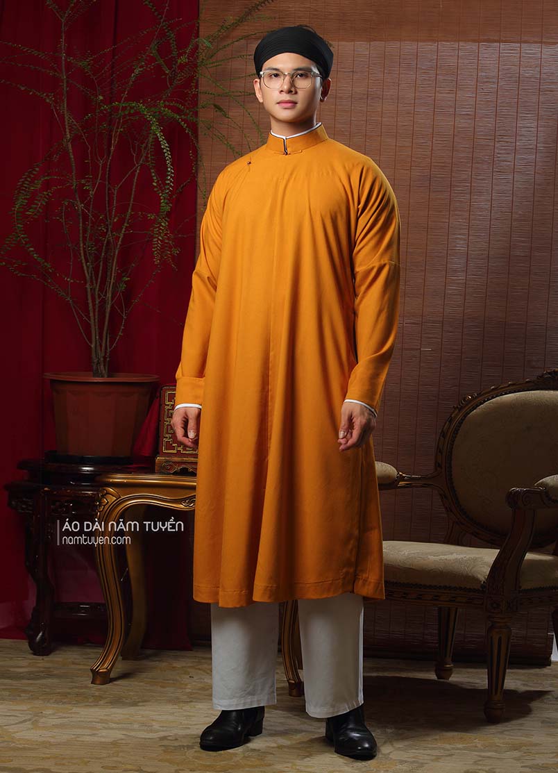 Áo dài nam truyền thống ngũ thân tay chẽn màu vàng đồng