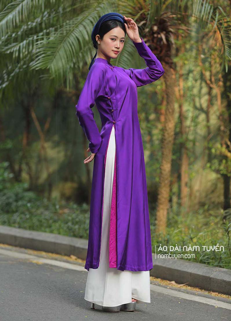 Áo dài nữ ngũ thân lụa tơ tằm tím Huế truyền thống