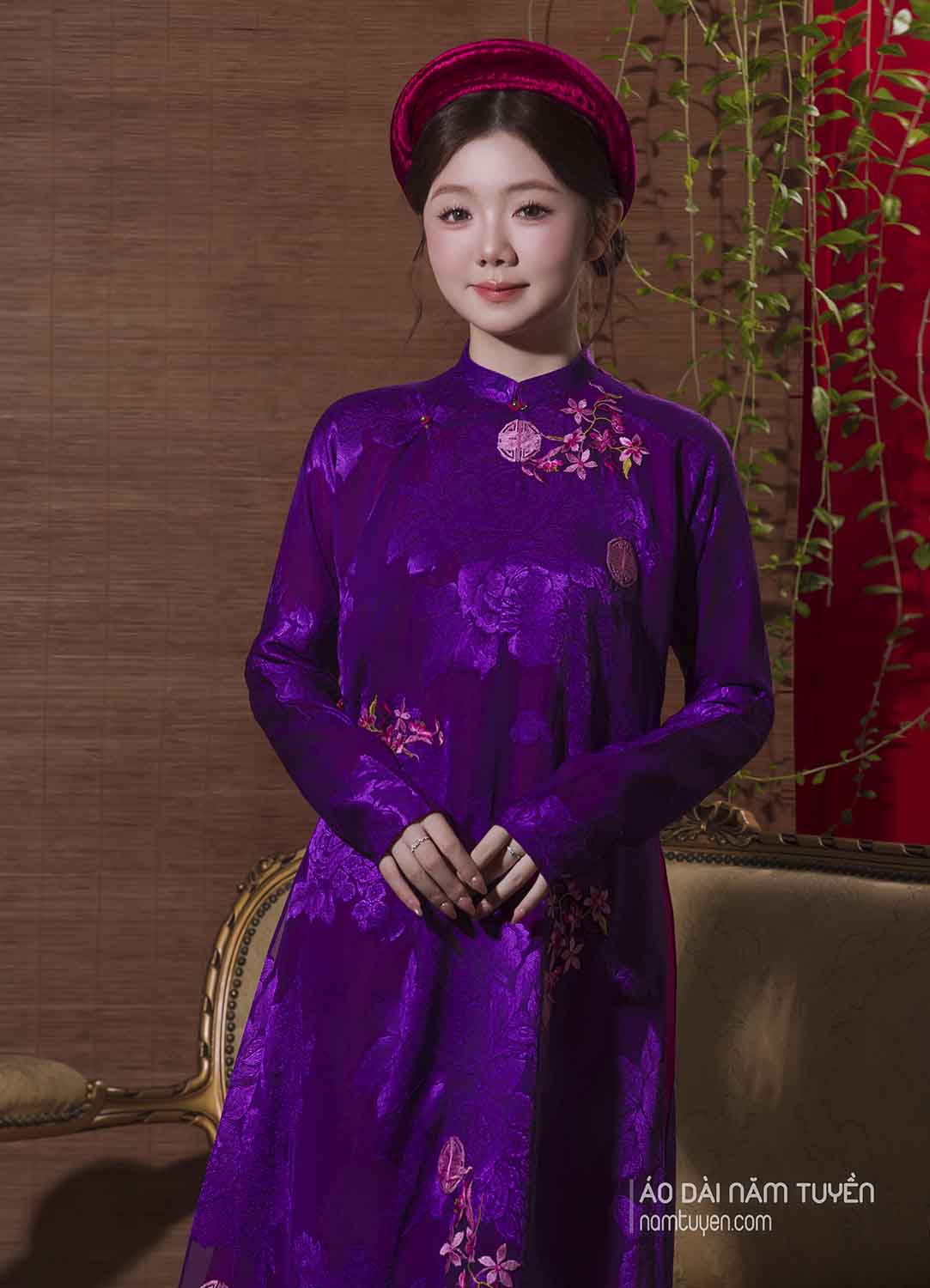 Áo Dài Nữ Truyền Thống Tím Huế Hoa Hồng