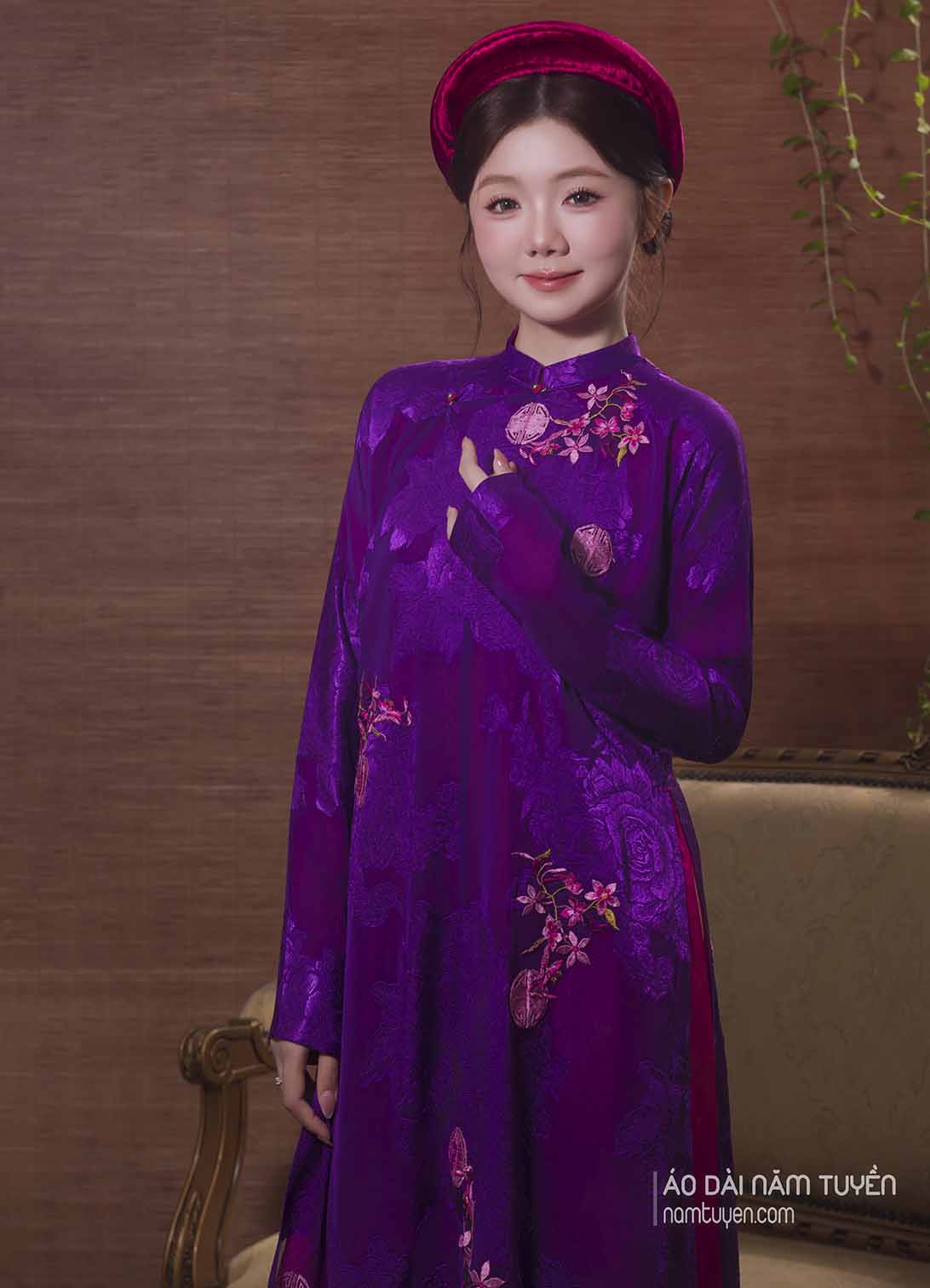 Áo Dài Nữ Truyền Thống Tím Huế Hoa Hồng