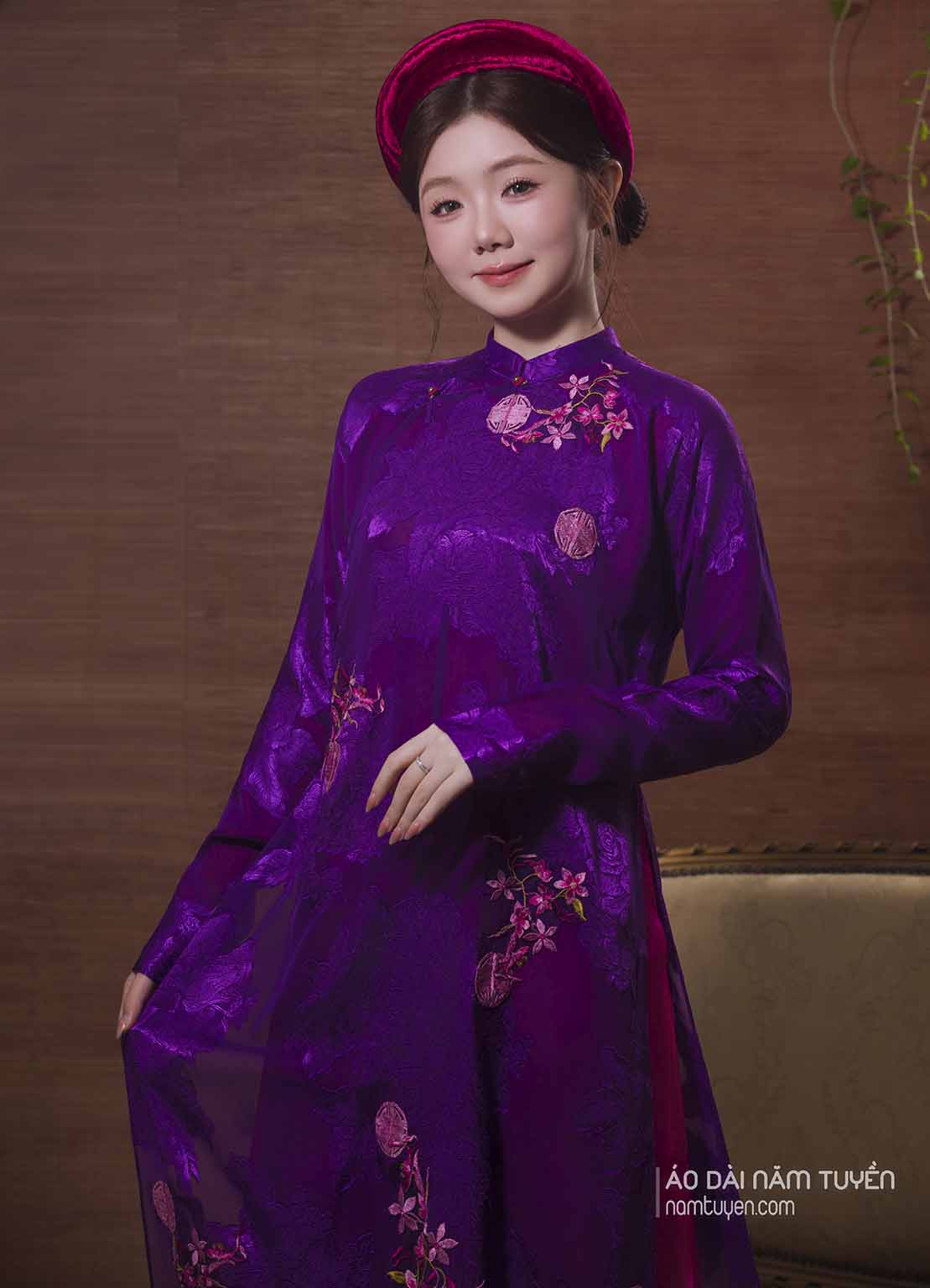 Áo Dài Nữ Truyền Thống Tím Huế Hoa Hồng