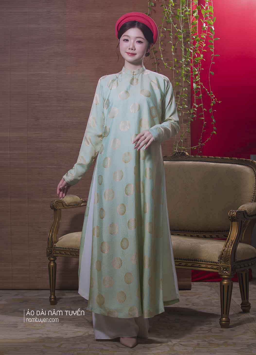 Áo Dài Nữ Truyền Thống Gấm Xanh Ngọc