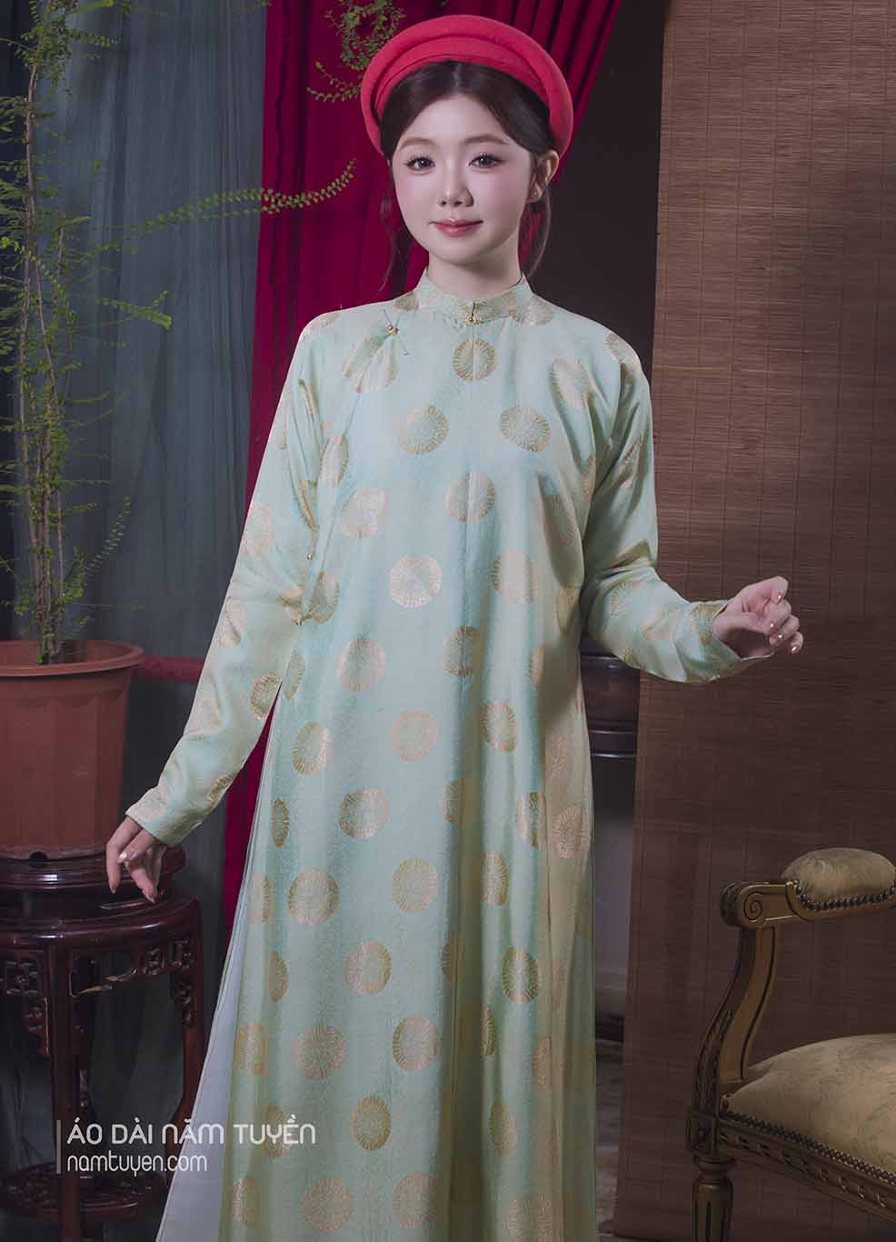 Áo Dài Nữ Truyền Thống Gấm Xanh Ngọc