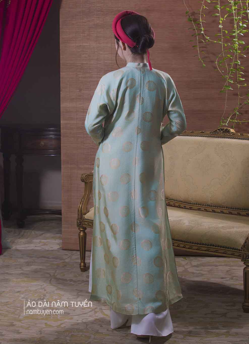 Áo Dài Nữ Truyền Thống Gấm Xanh Ngọc