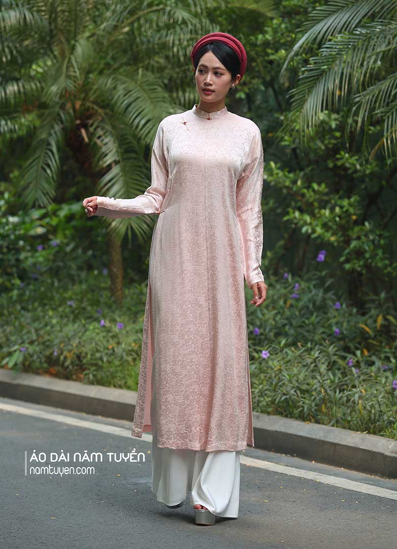 Áo dài nữ truyền thống ngũ thân tay chẽn lụa tơ tằm màu hồng phấn